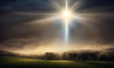 Wall Mural - Foggy landscape with sunbeams in the sky and trees
