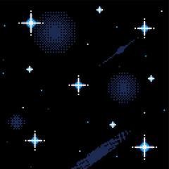 Wall Mural - Dark Starry Night with Milky Way from Far view, Pixel Art Style Background
