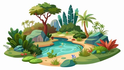 Wall Mural - Isolated on white background, this detailed watercolor depiction of natural oasis features collection of plants and trees, trees, isolated, watercolor, art