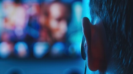 Leinwandbilder - A close-up shot of a persons ear with headphones on, focused on the screen displaying a blurred image of a movie or television show. Generative AI