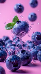 Wall Mural - Levitating blueberry pieces separated pastel color background.