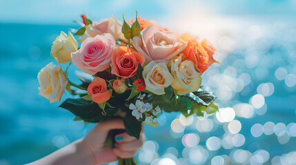 Wall Mural - valentine day concept, soft focus woman hand holding bouquet of colorful roses flower, blurred blue sea and sky background. AI generated illustration