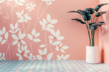 Poster - A minimalist design featuring a pink wall with white floral patterns, a geometric tile floor, and a potted green plant. Generative AI