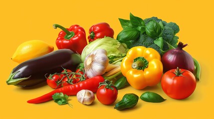 Wall Mural - A colorful assortment of vegetables and fruits on an orange background.