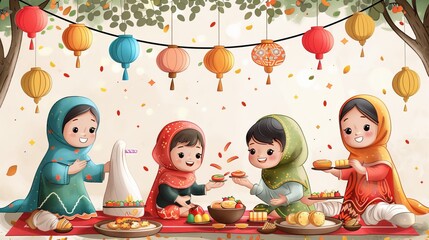 Eid celebration with children in traditional clothing, playing and sharing sweets. Cartoon illustrations vectors Generative AI