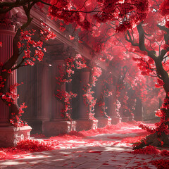 Wall Mural - Hallway lined with columns, trees adorned with pink leaves
