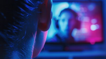Leinwandbilder - A close-up of a persons ear with headphones on, focused on a screen displaying a movie or TV show, illuminated by blue and purple lighting. Generative AI