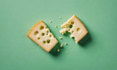 Two pieces of Swiss cheese on a green surface