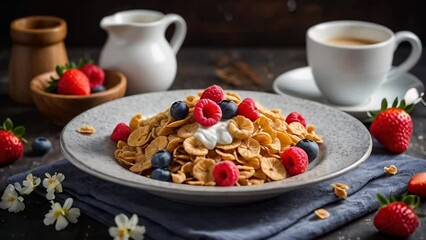 Wall Mural - Oatmeal in a plate on the table, milk