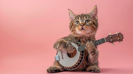 An adorable orange kitten sits upright, strumming a miniature banjo against a pink background, creating a playful and charming scene.