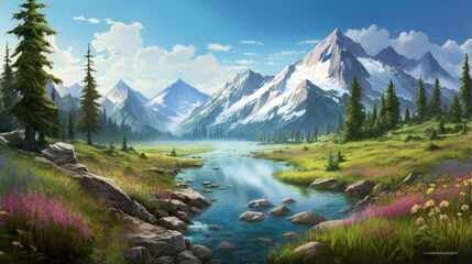 Wall Mural - The image is of a beautiful mountain landscape. The mountains are covered in snow. The river is flowing through the valley.