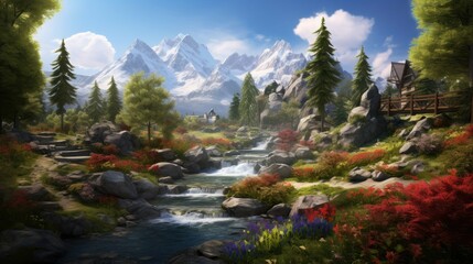 Wall Mural - A beautiful landscape with a mountain stream, flowers, and trees. The water is crystal clear. The mountains are snow-capped.