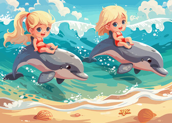 Boy girl and dolphin in the sea vector illustration