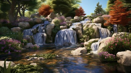 Wall Mural - A beautiful waterfall in a lush green forest. The water cascades over a series of rocks, creating a stunning natural scene.