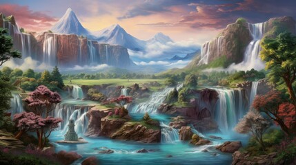 Wall Mural - A beautiful landscape with waterfalls, mountains, and a river. The water is blue and green, and the sky is pink and purple.