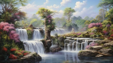 Wall Mural - The image is of a beautiful waterfall in a tropical setting.