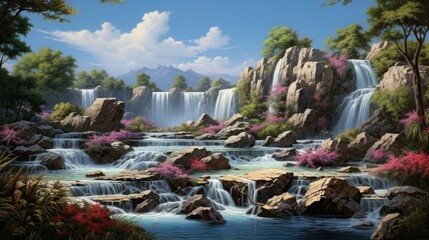 Wall Mural - A beautiful landscape of a waterfall in a rocky mountain setting.