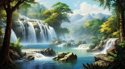 Wall Mural - A beautiful landscape of a waterfall in the jungle. The water is crystal clear and the sun is shining through the trees.