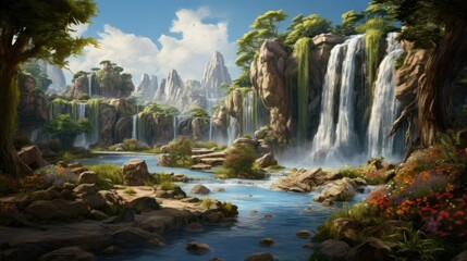 Wall Mural - A beautiful landscape with a waterfall and a river running through it.