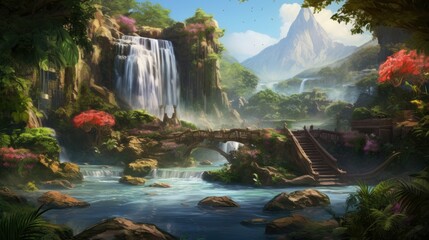 Wall Mural - A beautiful waterfall in a lush green forest. The water cascades over a rocky cliff into a pool below.