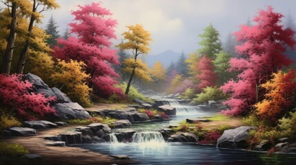 Wall Mural - The image is of a beautiful landscape with a river running through it. The trees are in full bloom and the leaves are a vibrant green.