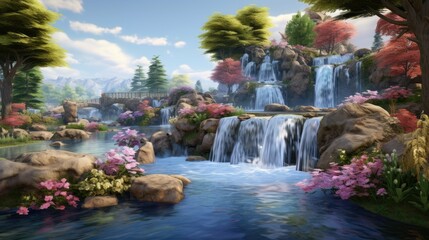 Wall Mural - A beautiful landscape with a waterfall and a bridge. The water is crystal clear and the rocks are covered in moss.