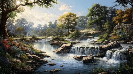 Wall Mural - The sun shines through the forest canopy, creating a dappled pattern on the surface of the river.