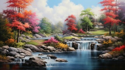 Wall Mural - A beautiful landscape painting of a waterfall in the mountains. The water is crystal clear and the rocks are a variety of colors.