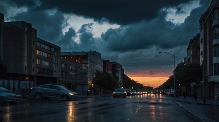 A cloudy evening on the street sunset