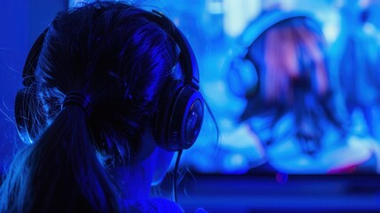 Fototapete - A close-up of a persons ear with headphones on, focused on a screen displaying a movie or TV show in the background. Generative AI
