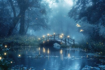 Wall Mural - Wooden plank bridge leading to the center of the lake