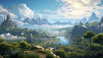 Wall Mural - The image is a beautiful landscape of a valley with a river running through it. There are mountains in the background and a castle on a hill.