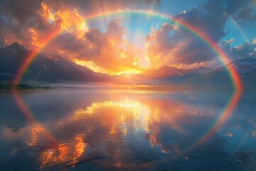 Wall Mural - Rainbow reflection on the lake surface