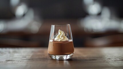 A minimalist dessert presentation of a small chocolate mousse, served in a clear glass with a tiny dollop of whipped cream on top