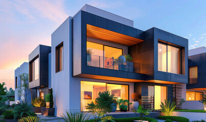 Wall Mural - Modern private black townhouses, modular design, residential architecture exterior, late afternoon or morning shot.