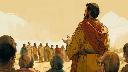 Wall Mural - Joshua,Joshua Installed as Leader,Biblical Illustration: Joshua Installed as Leader Addressing the Israelites, Beige Background, Copyspace