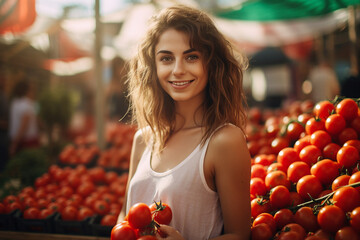 Wall Mural - Ai generated image of beautiful person selling  natural products and vegetables on street