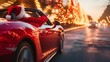 © Patrick - Red sports car driving on city street with christmas lights