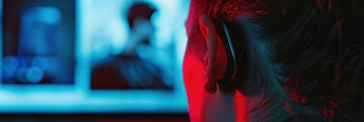 Fototapete - Close-up shot: persons ear with headphones in front of a screen showing a movie. Blue light on screen, red light on ear for visual contrast. Generative AI
