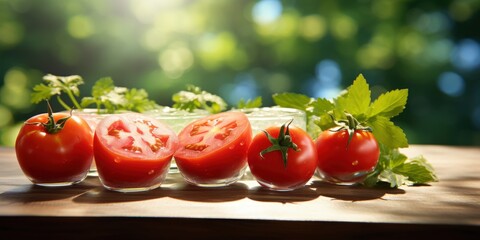 Wall Mural - Fresh Red Tomatoes with Green Leaves on Wooden Table