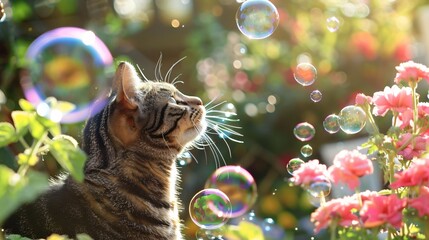 A whimsical scene of a cat playing with soap bubbles in a sunny garden, with bubbles reflecting the flowers and plants