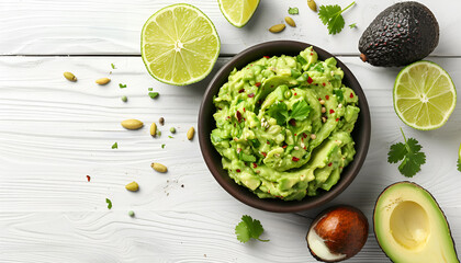 Bowl of delicious guacamole with lime isolated on white