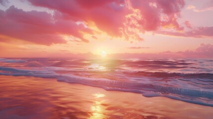 Aufkleber - A breathtaking sunset over the ocean with warm orange-pink skies reflecting on the water. The sun is setting behind the horizon, casting a golden glow over the waves. Generative AI
