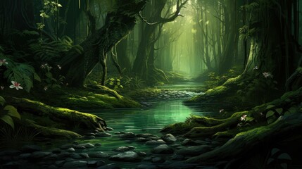 Wall Mural - The lush green foliage of the forest canopy creates a dense, dappled shade over the crystal-clear river that winds its way through the heart of the fo