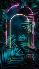 Wall Mural - Jungle creative neon light, cyber frame on fresh palm leaves with copy space. Urban, futuristic background concept. Flat lay. Illustration, 