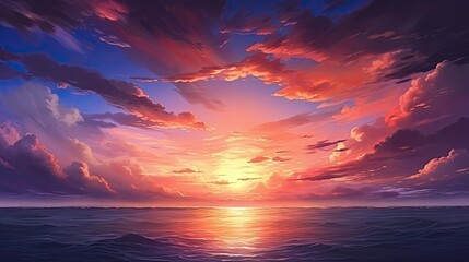 Wall Mural - A beautiful sunset over the ocean. The sky is ablaze with color, and the water is calm and still.