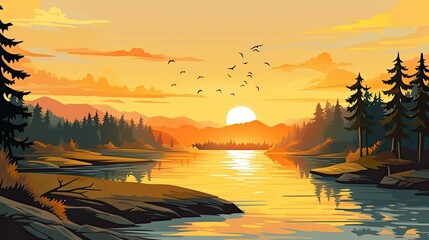 Wall Mural - The setting sun casts a golden glow on the lake and the trees on the shore. The sky is ablaze with color, and the birds are flying overhead.