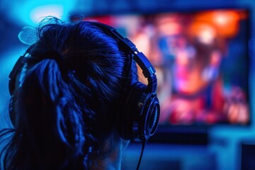 Fototapete - A close-up shot of an ear wearing headphones while facing a blurred television screen displaying a bright and colorful scene. Generative AI