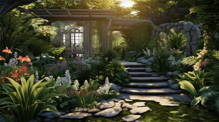 Wall Mural - A beautiful garden with a stone path leading to a small house. The garden is full of colorful flowers and lush greenery.