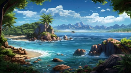 Wall Mural - Amazing beautiful landscape with blue ocean and green mountains. White clouds on the sky and tropical palm trees on the beach.